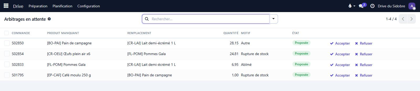 Logiciel de supérette — écran Arbitrages en attente